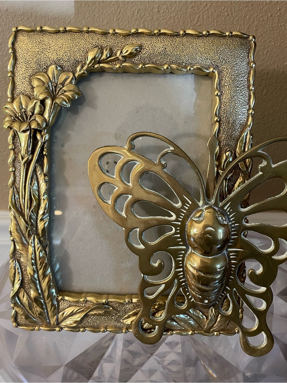 Gorgeous Brass Solid Butterfly and Gold Metal 5x7 Picture Frame